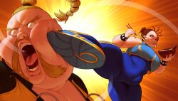 Rule 34 | 1boy, 1girl, alternate body size, better-with-salt, blonde hair, breasts, brown hair, capcom, chun-li, cropped legs, double bun, fat, fat man, food, grabbing another&#039;s hair, gradient background, hair bun, huge breasts, kicked, kicking, large breasts, multitasking, noodles, plump, rufus (street fighter), shoes, sleeveless, slurping, standing, standing on one leg, street fighter, street fighter iv (series), thick thighs, thighs, unitard
