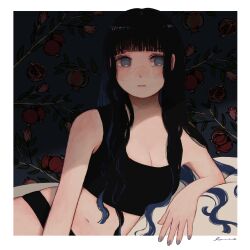 Rule 34 | 1girl, absurdres, arm support, bare shoulders, black hair, black panties, black sports bra, blunt bangs, border, branch, breasts, cleavage, closed mouth, commentary, food, fruit, grey eyes, grey nails, hanio3, highres, long hair, looking at viewer, lying, medium breasts, midriff, nail polish, navel, on side, original, outside border, panties, pomegranate, signature, solo, sports bra, underwear, upper body, wavy hair, white border
