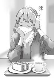 Rule 34 | 1girl, blurry, blurry background, closed eyes, closed mouth, cup, depth of field, doushimasho, drink, food, greyscale, highres, indoors, jacket, long sleeves, monochrome, open clothes, open jacket, original, plate, sandwich, shirt, short hair, sitting, solo, table, tray, v-neck
