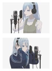 Rule 34 | 2girls, blue eyes, blue hair, blue jacket, border, commentary request, dress, emon (maguro03 ice), floral print, green dress, hand on headphones, hands on headphones, headphones, highres, hinomori shizuku, jacket, light blue hair, long hair, microphone, microphone stand, mole, mole under mouth, multiple girls, open mouth, pinafore dress, project sekai, shirt, sleeveless, sleeveless dress, studio microphone, swept bangs, white border, white shirt, yoisaki kanade