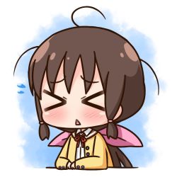 Rule 34 | &gt; &lt;, 1girl, :&lt;, ahoge, arm support, blush, brown hair, brown sailor collar, chibi, closed eyes, collared shirt, commentary request, facing viewer, flying sweatdrops, hair ribbon, hana kazari, honda tamaki, jacket, long hair, long sleeves, neck ribbon, open clothes, open jacket, parted lips, pink ribbon, red ribbon, ribbon, sailor collar, shirt, sidelocks, solo, stella no mahou, triangle mouth, upper body, white background, white shirt, yellow jacket