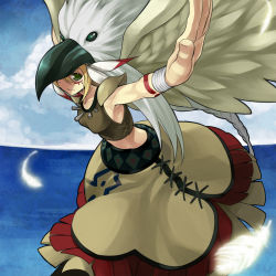 Rule 34 | 1girl, blonde hair, cloud, dress, duel monster, facial mark, feathers, female focus, foreshortening, green eyes, guardian eatos, hair between eyes, headdress, highres, hitohautsu, jewelry, light smile, looking at viewer, midriff, native american clothes, necklace, ocean, outdoors, outstretched arms, shoulder pads, sky, solo, spread arms, tattoo, traditional clothes, water, wings, wristband, yu-gi-oh!, yu-gi-oh! duel monsters
