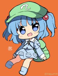 Rule 34 | 1girl, backpack, bag, blue eyes, blue footwear, blue hair, blue shirt, blue skirt, blush, boots, collared shirt, flat cap, full body, green hat, hair bobbles, hair ornament, hat, kawashiro nitori, key, long sleeves, looking at viewer, open mouth, orange background, ramudia (lamyun), shirt, short hair, simple background, skirt, smile, solo, touhou, twitter username, two side up