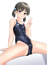 Rule 34 | 1girl, abs, absurdres, black hair, black one-piece swimsuit, breasts, brown eyes, collarbone, commentary request, competition swimsuit, feet out of frame, hair bobbles, hair ornament, highleg, highleg swimsuit, highres, looking at viewer, low twintails, one-piece swimsuit, original, short hair, simple background, sitting, small breasts, solo, spread legs, swimsuit, takafumi, twintails, v, white background