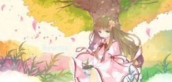 Rule 34 | 10s, 1girl, alitou, bad id, bad pixiv id, blush, braid, brown hair, dress, female focus, flower, green eyes, hair flower, hair ornament, kanbe kotori, long hair, long image, nature, outdoors, petals, plant, potted plant, rewrite, smile, solo, tree, twin braids, wide image