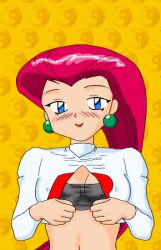 Rule 34 | animated, animated gif, blue eyes, blush, breasts, creatures (company), earrings, flashing, game freak, jessie (pokemon), jewelry, large breasts, lowres, nintendo, nipples, no bangs, poke ball, pokemon, red hair, team rocket, wink