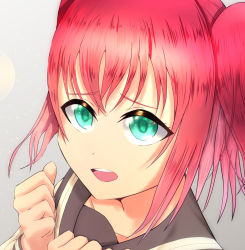 Rule 34 | 1girl, aqua eyes, artist name, artist request, blush, breasts, clenched hands, close-up, collarbone, female focus, green eyes, hair between eyes, highres, kurosawa ruby, long sleeves, looking at viewer, love live!, love live! sunshine!!, masa sevenred, masakazu yamato, masakazu yamato (masa sevenred), parted lips, red hair, sailor collar, school uniform, shirt, short hair, smile, solo, teeth, twintails, two side up, upper body, uranohoshi school uniform, white shirt, yamato masakazu