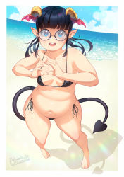 Rule 34 | 1girl, artist name, belly, bikini, black hair, blue eyes, borrowed character, breasts, breasts apart, cloudxmoe, collarbone, commentary, demon girl, full body, glasses, heart, heart hands, highres, looking at viewer, medium breasts, navel, no nose, open mouth, original, plump, pointy ears, shadow, side-tie bikini bottom, small breasts, smile, solo, standing, swimsuit, tail, tareme, thick arms, thick thighs, thighs