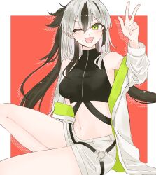 Rule 34 | 1girl, bare shoulders, black hair, blush, breasts, crop top, dpw6p39pwizgzdz, fate/grand order, fate (series), green eyes, hair between eyes, highres, jacket, long hair, long sleeves, looking at viewer, midriff, multicolored clothes, multicolored hair, nagao kagetora (fate), navel, one eye closed, open clothes, open mouth, shirt, shorts, sleeveless, smile, solo, two-tone hair, uesugi kenshin (fate), uesugi kenshin (second ascension) (fate), v, white hair, white jacket, white shorts