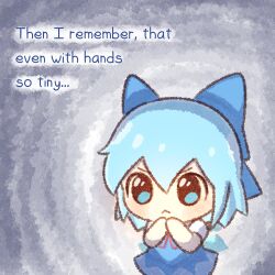 Rule 34 | 1girl, :&lt;, blue bow, blue dress, blue eyes, blue hair, bow, cirno, commentary, dress, english commentary, english text, green tea reimu, hair bow, looking at viewer, own hands together, short hair, short sleeves, solo, touhou