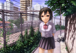 Rule 34 | 1girl, arms behind back, bad id, bad pixiv id, black hair, brown eyes, chain-link fence, city, fence, kurione (zassou), original, skirt, solo, standing