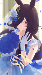 Rule 34 | 1girl, absurdres, animal ears, blue dress, blue flower, blue gloves, blue rose, blurry, blurry background, bouquet, brown hair, closed mouth, dress, flower, gloves, hair flower, hair ornament, hand up, highres, horse ears, inui (inuiw ), long hair, looking at viewer, petals, purple eyes, rice shower (longed-for scenery) (umamusume), rice shower (umamusume), rose, sleeveless, sleeveless dress, smile, solo, umamusume, upper body