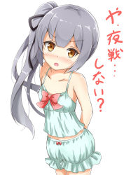 Rule 34 | 10s, 1girl, aikawa ryou, bare shoulders, black ribbon, blush, bow, brown eyes, grey hair, hair ribbon, highres, kantai collection, kasumi (kancolle), long hair, open mouth, red bow, ribbon, side ponytail, simple background, solo, text focus, translated, v-shaped eyebrows, white background