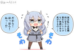 Rule 34 | 1girl, black pantyhose, blue eyes, blue hair, chibi, collared shirt, commentary request, dress, dress shirt, fake horns, full body, goma (yoku yatta hou jane), grey dress, horned headwear, horns, i-203 (kancolle), kantai collection, long hair, official alternate costume, open mouth, pantyhose, shirt, simple background, solo, standing, translation request, twitter username, wavy mouth, white background, white shirt