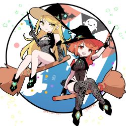 Rule 34 | 2girls, adapted costume, blonde hair, broom, broom riding, halloween, hat, highres, multiple girls, mythra (xenoblade), nayuta-kanata, pyra (xenoblade), red eyes, red hair, witch, witch hat, xenoblade chronicles (series), xenoblade chronicles 2, yellow eyes