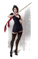 Rule 34 | 1girl, absurdres, black-framed eyewear, black hair, black thighhighs, blue eyes, bra, breasts, cleavage, dress, dulapda, fiora (league of legends), formal, glasses, hand on own hip, headmistress fiora, high heels, highres, holding, league of legends, multicolored hair, nail polish, pencil dress, red hair, red nails, red scarf, ruler, scarf, short hair, solo, standing, striped clothes, striped dress, swept bangs, thighhighs, underwear, zettai ryouiki