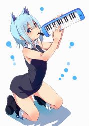 Rule 34 | 1girl, animal ears, bare arms, bare shoulders, black dress, blue eyes, blue hair, boots, cat ears, dress, fu-ta, hair between eyes, instrument, keyboard (instrument), kneeling, looking at viewer, melodica, mouth hold, music, nanami ao, playing instrument, short hair, simple background, solo, white background, yozakura quartet
