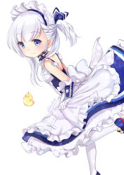 Rule 34 | 1girl, aged down, apron, artist name, azur lane, belfast (azur lane), bird, blue dress, blue eyes, bow, braid, closed eyes, commentary request, dress, frilled apron, frilled sleeves, frills, from side, gloves, hair ornament, highres, little bel (azur lane), maid apron, maid headdress, manjuu (azur lane), one side up, pantyhose, shibi, silver hair, simple background, smile, solo, standing, standing on one leg, white apron, white background, white bow, white gloves, white pantyhose