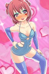 Rule 34 | 1girl, akaza akari, bad id, bad pixiv id, blue thighhighs, blush, breasts, collarbone, hand on own hip, heart, heart-shaped pupils, heart background, highres, large breasts, looking at viewer, pink background, purple eyes, red hair, short hair, skirt, smile, solo, symbol-shaped pupils, thighhighs, ultrayoru, unmoving pattern, yuru yuri