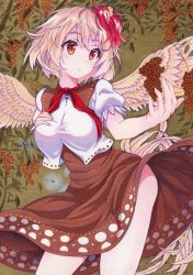 Rule 34 | 1girl, animal, animal on head, bird, blonde hair, blush, breasts, brown dress, chick, commentary request, cowboy shot, dress, feathered wings, hand on own chest, hand up, highres, kittona, medium breasts, multicolored hair, niwatari kutaka, on head, puffy short sleeves, puffy sleeves, red eyes, red hair, red neckwear, shirt, short hair, short sleeves, solo, standing, thighs, touhou, traditional media, two-tone hair, white shirt, wings, yellow wings