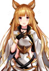 Rule 34 | &gt;:d, 1girl, :d, ^^^, animal ears, armor, black gloves, blonde hair, blunt bangs, blush, braid, efuri (riarea00), erune, gloves, granblue fantasy, hand on own chest, highres, long hair, looking at viewer, open mouth, red eyes, simple background, smile, solo, v-shaped eyebrows, very long hair, white background, yuisis (granblue fantasy)