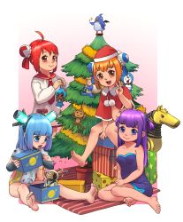 Rule 34 | 4girls, absurdres, artist request, barefoot, blue hair, blunt bangs, box, character request, christmas, christmas tree, copyright request, doraemon, fallout (series), feet, gift, gift box, highres, long hair, looking at viewer, monkey, multiple girls, navel, no shoes, orange hair, purple hair, red hair, short hair, smile, soles, toes, v
