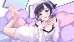 Rule 34 | 1girl, :d, absurdres, animal ear headphones, animal ears, barefoot, black hair, blush, cat ear headphones, collarbone, commission, crossed ankles, fake animal ears, folded ponytail, headphones, heart, heart-shaped pillow, highres, legs up, looking at viewer, lying, matsuzaki miyuki, mole, mole on collarbone, mole under mouth, on stomach, open mouth, original, pillow, purple eyes, short hair, skeb commission, smile, solo, teeth, upper teeth only
