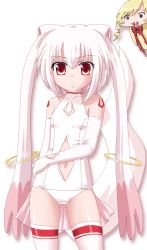 Rule 34 | 10s, 2girls, :3, blonde hair, blood, clothing cutout, drill hair, elbow gloves, gloves, hayashiya zankurou, highres, kyubey, long hair, looking at viewer, mahou shoujo madoka magica, mahou shoujo madoka magica (anime), midriff, multiple girls, navel cutout, nontraditional school swimsuit, nosebleed, one-piece swimsuit, personification, red eyes, school swimsuit, short hair, skirt, smile, swimsuit, thighhighs, tomoe mami, twin drills, twintails, white hair, white one-piece swimsuit, white school swimsuit