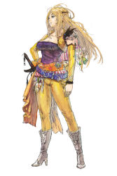 Rule 34 | 1990s (style), 1girl, amano yoshitaka design, antenna hair, belt, blonde hair, boots, buckle, celes chere, detached sleeves, feathers, final fantasy, final fantasy vi, full body, hair ornament, hairclip, hand on own hip, high heel boots, high heels, iwanai tomoeju, iwauchi tomoki, jewelry, long hair, pants, retro artstyle, ring, solo, standing, sword, waist cape, weapon, white background, yellow pants