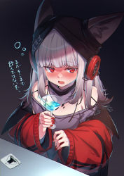 Rule 34 | 1girl, animal ears, arknights, artist name, beanie, behind-the-head headphones, black hat, blush, coat, cocktail, cocktail glass, cup, drinking glass, drunk, ears through headwear, fox ears, frostleaf (arknights), grey shirt, hat, headphones, highres, holding, holding cup, hood, hooded coat, implied extra ears, long hair, long sleeves, material growth, mitake eil, nail polish, off-shoulder shirt, off shoulder, open clothes, open coat, open mouth, oripathy lesion (arknights), red coat, red eyes, red nails, rhodes island logo (arknights), shirt, signature, silver hair, solo, translation request, upper body
