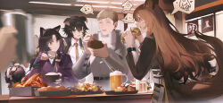 1other 2boys 4girls :d ^_^ absurdres alcohol animal_ears arknights armor beard beer beer_mug belt belt_buckle black_belt black_hair black_jacket blurry bowl brown_hair brown_tail buckle burger ceobe_(arknights) chewing chinese_commentary chopsticks closed_eyes commentary_request crossed_bangs cuirass cup drink dungeon_meshi eating facial_hair facial_mark fingerless_gloves fingernails food forehead_mark gloves hair_between_eyes hair_ornament hairclip halftone happy heisedejin highres holding holding_burger holding_chopsticks holding_food holding_with_chopsticks indoors infection_monitor_(arknights) jacket jackie_(arknights) japanese_clothes kimono laios_touden light_particles long_beard long_hair long_sleeves looking_at_another mug multiple_boys multiple_girls mustache open_mouth orange_eyes out_of_frame parted_bangs profile purple_gloves purple_kimono restaurant rhodes_island_logo_(arknights) rice rice_bowl saga_(arknights) saria_(arknights) senshi_(dungeon_meshi) shirt short_hair smile sparkle tail vambraces white_shirt yellow_eyes