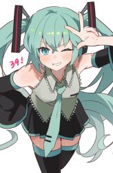 Rule 34 | 1girl, 39, blue eyes, blue hair, blush, collared shirt, detached sleeves, enipa 28, grin, hair ornament, hand on own hip, hand up, hatsune miku, highres, long sleeves, looking at viewer, miku day, necktie, one eye closed, pleated skirt, shirt, skirt, sleeveless, sleeveless shirt, smile, solo, thighhighs, vocaloid, w