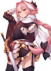 Rule 34 | 1boy, arm up, armband, astolfo (fate), black bow, black dress, black legwear, blush, bow, braid, cape, commentary request, cowboy shot, dress, fang, fang out, fate/apocrypha, fate (series), fur trim, garter straps, gauntlets, hair between eyes, hair bow, hair intakes, hand in own hair, ibuki notsu, long braid, long hair, looking at viewer, low-tied long hair, male focus, multicolored hair, pink hair, red eyes, scabbard, sheath, sheathed, short dress, simple background, skin fang, smile, standing, streaked hair, sword, thighhighs, thighs, trap, very long hair, weapon, white background, white cape, white hair