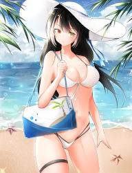 Rule 34 | 1girl, absurdres, bag, bare shoulders, beach, bikini, black hair, blue ribbon, blush, breasts, cleavage, cloud, cloudy sky, collarbone, cowboy shot, girls&#039; frontline, gluteal fold, gr greeze, halterneck, hat, heterochromia, highres, holding, leaf, long hair, low twintails, medium breasts, multicolored hair, navel, ocean, outdoors, parted lips, red eyes, ribbon, ro635 (girls&#039; frontline), sand, shoulder bag, sky, solo, standing, starfish, streaked hair, string bikini, sun hat, swimsuit, teeth, thigh strap, twintails, water, white bikini, white hair, white hat, yellow eyes