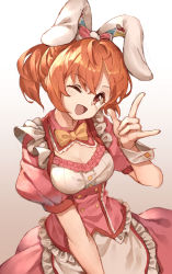 Rule 34 | 1girl, abe nana, absurdres, animal ears, apron, bow, bowtie, breasts, cleavage, commentary request, dress, fake animal ears, frilled shirt, frills, gradient background, hand up, highres, idolmaster, idolmaster cinderella girls, looking at viewer, m/, medium breasts, one eye closed, open mouth, orange hair, pink dress, pink skirt, ponytail, puffy short sleeves, puffy sleeves, rabbit ears, shirt, short hair, short sleeves, skirt, smile, solo, upper body, waist apron, wrist cuffs, yanyan (shinken gomi), yellow bow, yellow bowtie