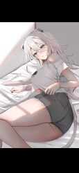 Rule 34 | 1girl, animal ears, bare legs, black eyes, black nails, blush, breasts, commentary, ear piercing, feet out of frame, grey hair, grey shorts, hair between eyes, highres, hololive, large breasts, letterboxed, lion ears, lion girl, lion tail, long hair, looking at viewer, lying, nail, nerorigogo, off-shoulder shirt, off shoulder, official alternate costume, on bed, on side, parted lips, piercing, shirt, shishiro botan, shishiro botan (4th costume), short shorts, short sleeves, shorts, sideboob, single bare shoulder, solo, tail, thighs, upshirt, virtual youtuber, white shirt