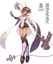 Rule 34 | 1girl, blue eyes, bridal gauntlets, brown hair, cable, cable tail, character name, character request, collar, copyright request, full body, highres, looking at viewer, mecha musume, mechanical tail, see-through, short hair, solo, staff, standing, tail, takamine nadare, thighhighs