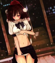 Rule 34 | 1girl, blush, bow, brown hair, clothes lift, coco (r5m), hakurei shrine, hat, hat ribbon, highres, looking away, midriff, navel, open mouth, panties, pantyshot, puffy short sleeves, puffy sleeves, red eyes, ribbon, shameimaru aya, shirt, shirt lift, short sleeves, skirt, skirt lift, snowing, solo, stairs, standing, tokin hat, touhou, underwear, white panties
