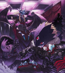 Rule 34 | armor, battle, beelzebumon, belt, blonde hair, blood, buckle, centauroid, claws, clenched teeth, coat, crack, crystal, damaged, demon wings, digimon, digimon (creature), extra mouth, forked tongue, fur coat, gauntlets, granddracumon, grin, hair tubes, highres, horns, injury, long hair, mask, monster, no humans, red eyes, revision, sasasi, sharp teeth, short hair, smile, spikes, tail, taur, teeth, third eye, tongue, torn clothes, wings