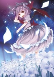 Rule 34 | 1girl, bat wings, canae0, female focus, flower, hat, lily (flower), night, night sky, open mouth, purple hair, red eyes, remilia scarlet, sky, solo, star (sky), starry sky, touhou, wings