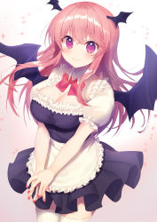 Rule 34 | 1girl, absurdres, alternate costume, alternate eye color, apron, black dress, blush, bow, bowtie, breasts, cleavage, cowboy shot, demon wings, detached collar, dress, enmaided, frilled apron, frills, gradient background, hair between eyes, head wings, highres, koakuma, large breasts, long hair, looking at viewer, maid, maid apron, nail polish, nenobi (nenorium), own hands together, petals, pink background, pink hair, pleated dress, puffy short sleeves, puffy sleeves, purple eyes, red bow, red bowtie, red nails, short dress, short sleeves, smile, solo, standing, thighhighs, touhou, v arms, waist apron, white apron, white background, white thighhighs, wings