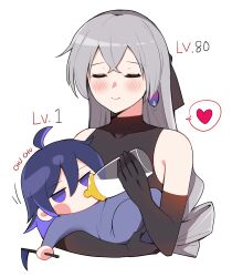 Rule 34 | 2girls, absurdres, aged down, ahoge, baby, bare shoulders, black gloves, blue eyes, blue hair, bronya rand, closed eyes, closed mouth, commentary, crossed bangs, detached sleeves, drill hair, earrings, elbow gloves, feeding, gloves, grey hair, highres, honkai: star rail, honkai (series), jewelry, long hair, milk, multiple girls, seele (honkai: star rail), smile, speech bubble, sunny day 9797, symbol-only commentary, upper body