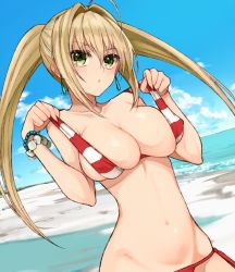 Rule 34 | 10s, 1girl, :o, ahoge, bad id, bad pixiv id, bare arms, bare shoulders, beach, bikini, bikini top lift, blonde hair, blue sky, blush, bracelet, breasts, cleavage, clothes lift, cloud, cloudy sky, collarbone, commentary request, covered erect nipples, cowboy shot, criss-cross halter, day, earrings, eyelashes, fate/extra, fate/grand order, fate (series), green eyes, groin, hair between eyes, hair intakes, halterneck, hands up, holding, holding strap, jewelry, kokku taicho, large breasts, legs together, lifted by self, long hair, looking at viewer, makeup, mascara, medium breasts, navel, nero claudius (fate), nero claudius (fate) (all), nero claudius (swimsuit caster) (fate), ocean, open mouth, outdoors, side-tie bikini bottom, sidelocks, skindentation, sky, solo, standing, stomach, strap lift, striped bikini, striped clothes, swimsuit, teeth, twintails, underboob, upper body, water