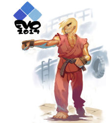 Rule 34 | 1boy, barefoot, belt, blonde hair, brown hair, dougi, electric niw, evolution championship series, eyebrows, grin, hair over one eye, ken masters, male focus, martial arts belt, muscular, short hair, sleeveless, smile, solo, street fighter, thick eyebrows