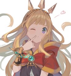 Rule 34 | 1girl, amuri, blonde hair, blowing kiss, bracelet, cagliostro (granblue fantasy), cloak, commentary, granblue fantasy, heart, hood, hooded cloak, jewelry, kiss, long hair, looking at viewer, one eye closed, purple eyes, ribbon, solo, tiara, twitter username, white hair