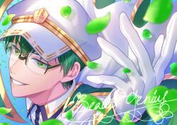 Rule 34 | absurdres, cape, character name, collared shirt, epaulettes, f6 (osomatsu-san), falling petals, glasses, gloves, gold trim, green eyes, green flower, green hair, hat, highres, male focus, matsuno choromatsu, military hat, on shiromeshi, osomatsu-san, osomatsu (series), peaked cap, petals, rose petals, shirt, white cape, white gloves, white hat