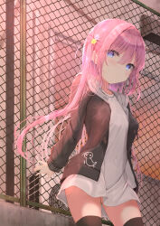 Rule 34 | 1girl, air conditioner, alley, black jacket, black thighhighs, blue eyes, breasts, building, chain-link fence, closed mouth, commentary request, covered navel, cube hair ornament, fence, gotoh hitori, gotoh hitori (tsuchinoko), groin, hair between eyes, hair ornament, highres, hood, hood down, hooded jacket, impossible clothes, impossible shirt, jacket, kouda suzu, long hair, long sleeves, looking at viewer, medium breasts, open clothes, open jacket, original, outdoors, pink hair, puffy long sleeves, puffy sleeves, shirt, solo, sunset, thighhighs, very long hair, white shirt, window