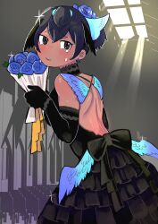 Rule 34 | 1girl, absurdres, alternate costume, alternate hairstyle, back, back bow, backless dress, backless outfit, bare back, bare shoulders, bird wings, black bow, black dress, black eyes, black gloves, black hair, blush, bouquet, bow, crying, crying with eyes open, dark-skinned female, dark skin, double-parted bangs, dress, earrings, elbow gloves, flower, from side, furrowed brow, gloves, hair between eyes, hair flower, hair ornament, hands up, head wings, highres, holding, holding bouquet, igarashi (nogiheta), indoors, jewelry, kemono friends, leaning forward, looking at viewer, median furrow, shoulder blades, sleeveless, sleeveless dress, smile, solo, superb bird-of-paradise (kemono friends), tears, wings