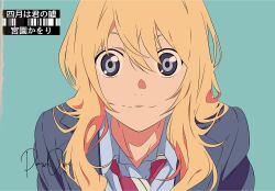 Rule 34 | 1girl, absurdres, anime coloring, artist name, blazer, blonde hair, blue eyes, commentary, copyright name, english commentary, flat color, green background, hair between eyes, highres, jacket, long hair, looking at viewer, miyazono kawori, necktie, official style, pawowe, school uniform, shigatsu wa kimi no uso, simple background, smile, solo, striped necktie