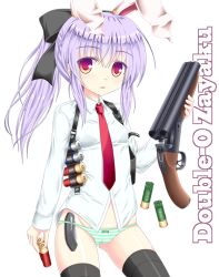 Rule 34 | 1girl, ammunition, animal ears, black thighhighs, bow, gun, hair bow, hair up, long hair, looking at viewer, necktie, no pants, noveske n4, panties, purple hair, rabbit ears, red eyes, red necktie, reisen udongein inaba, shell casing, shotgun, shotgun shell, skirt, solo, striped clothes, striped panties, switchblade, thighhighs, touhou, underwear, weapon